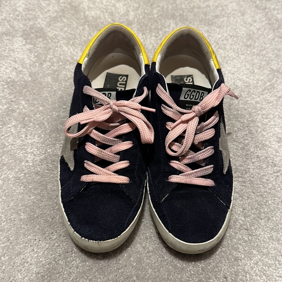 Golden Goose Superstars in Navy with Pink Laces and Yellow Heel - Picture 4 of 5